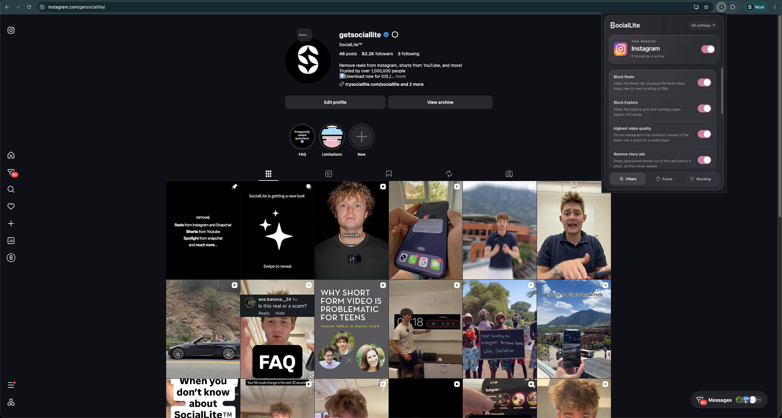 Instagram with SocialLite’s Chrome extension open, showing Reels and Explore controls