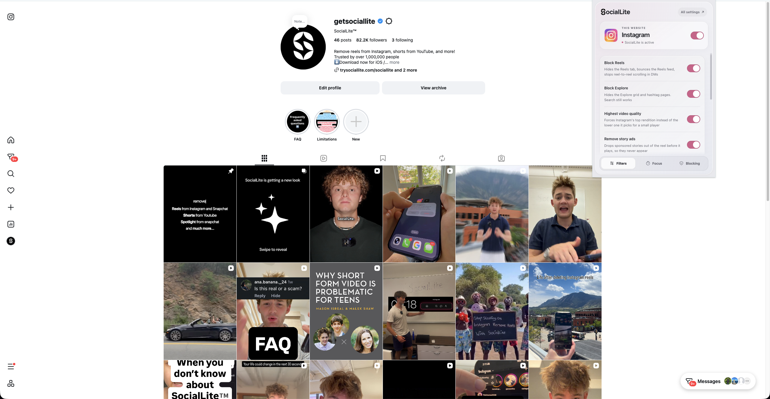 Instagram with SocialLite’s Chrome extension open, showing Reels and Explore controls