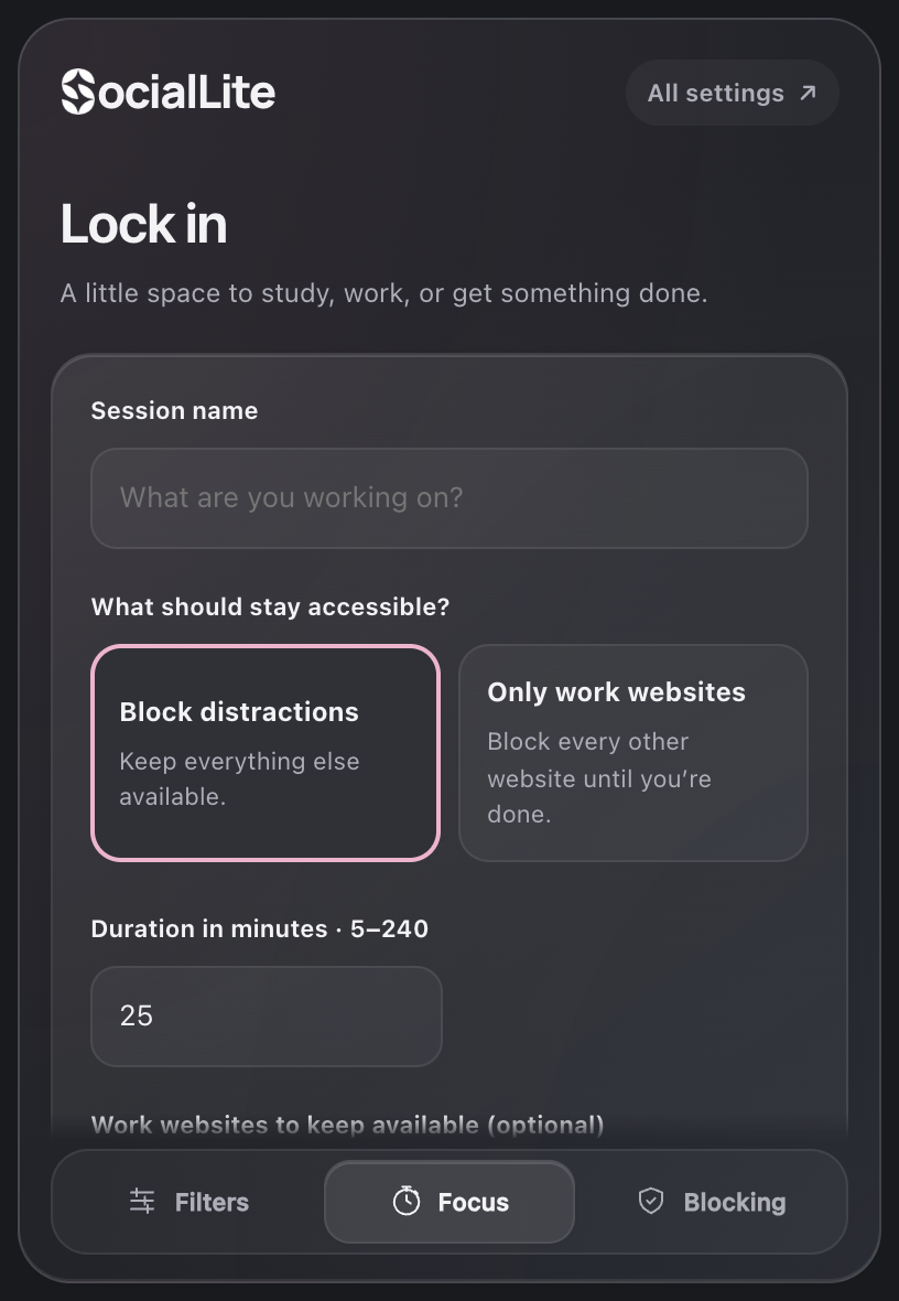 The SocialLite Chrome extension’s focus session controls in dark mode