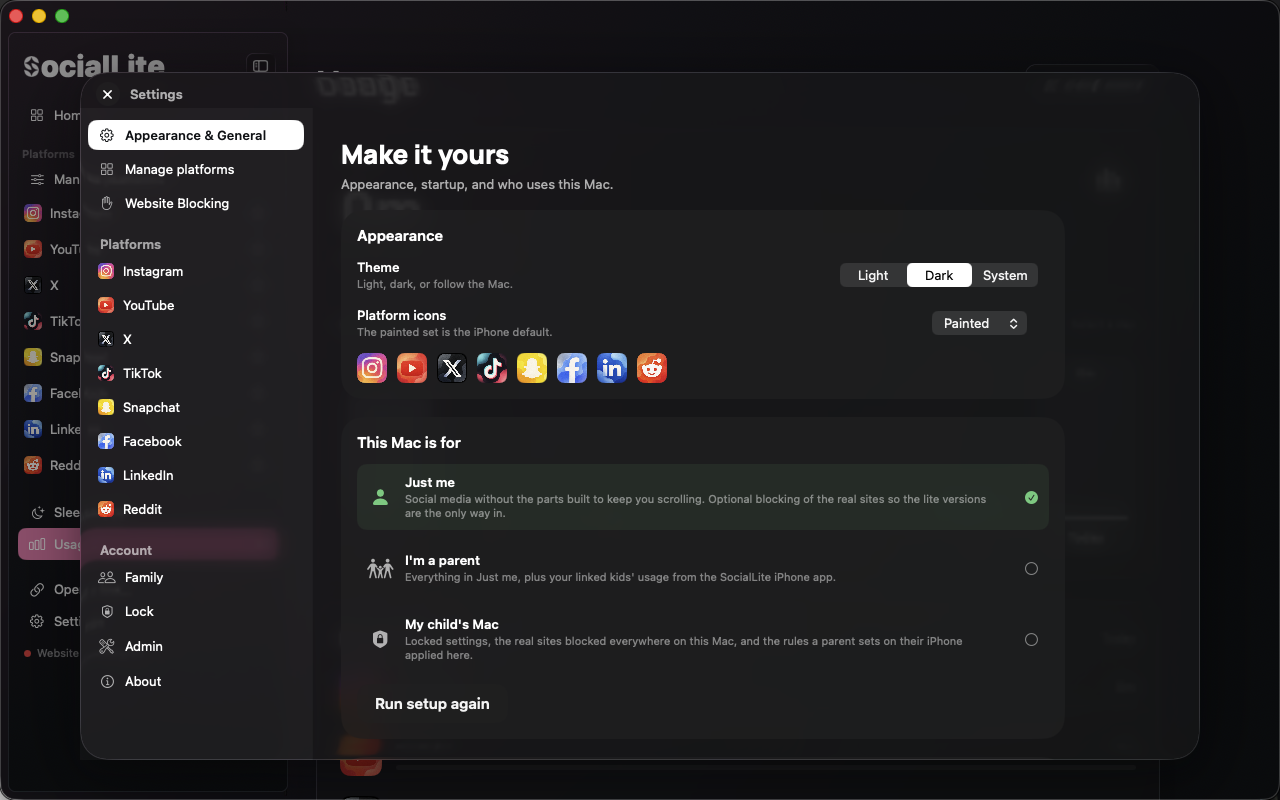 SocialLite for Mac’s appearance settings, including Light, Dark and System themes