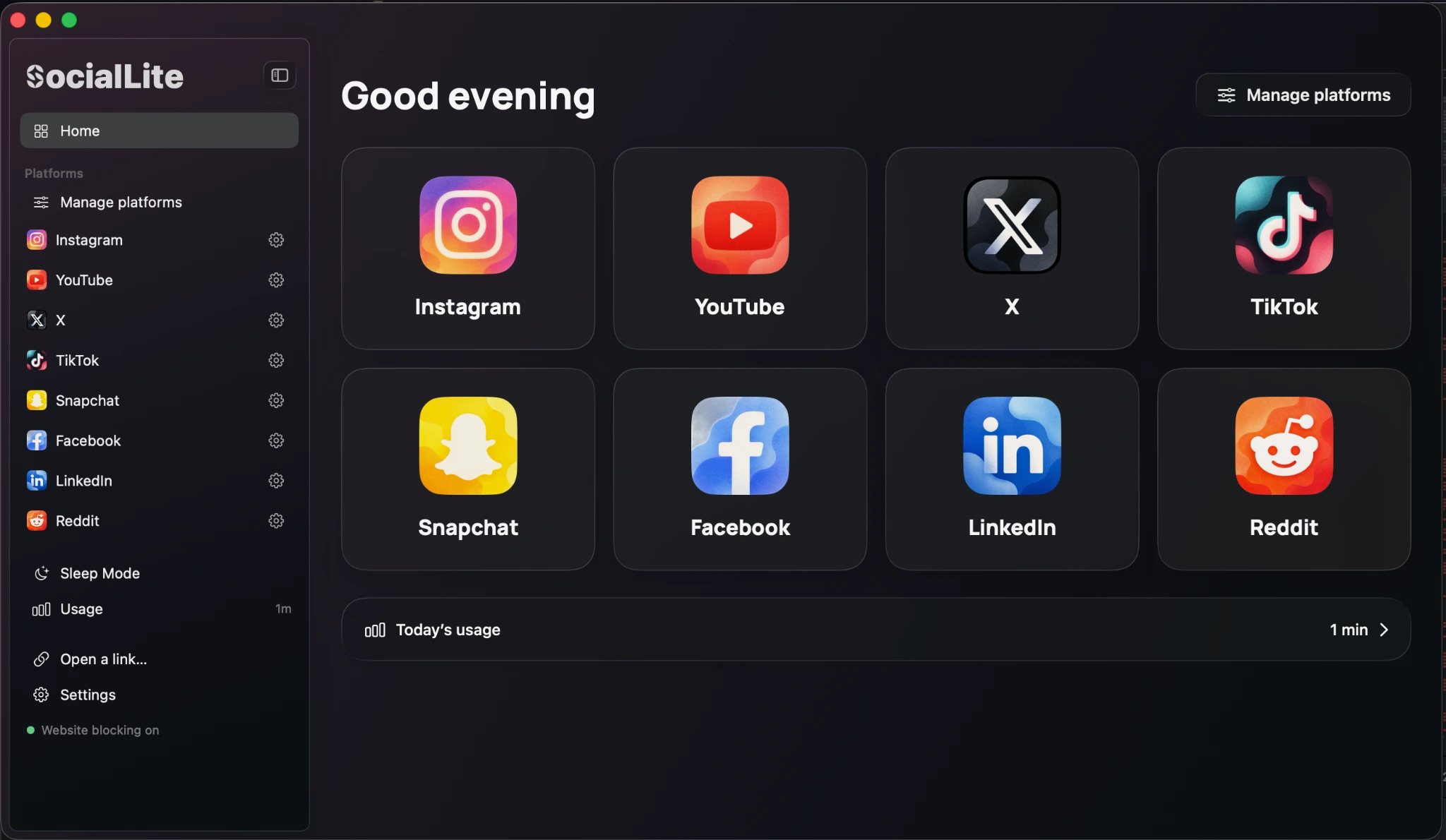The SocialLite Mac app, with a sidebar and a grid of social platforms, in dark mode