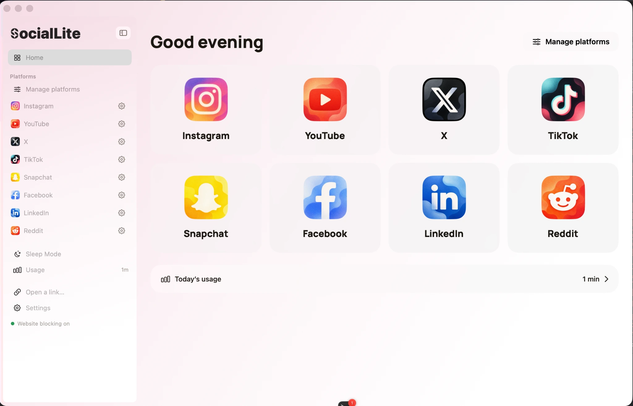 The SocialLite Mac app, with a sidebar and a grid of social platforms, in light mode