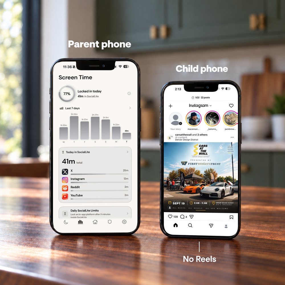 Parent phone showing SocialLite Screen Time controls beside a child phone running Instagram with no Reels