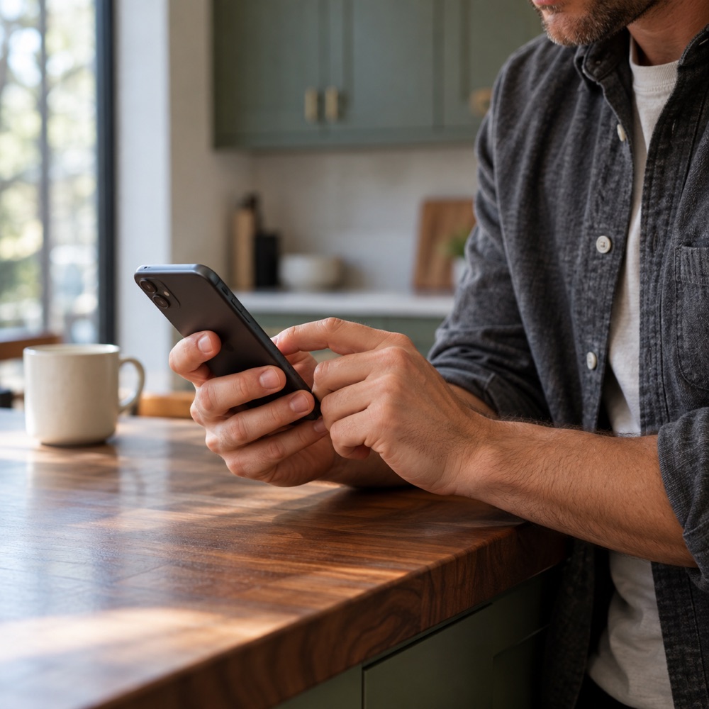 Parent setting up SocialLite on their phone at the kitchen counter