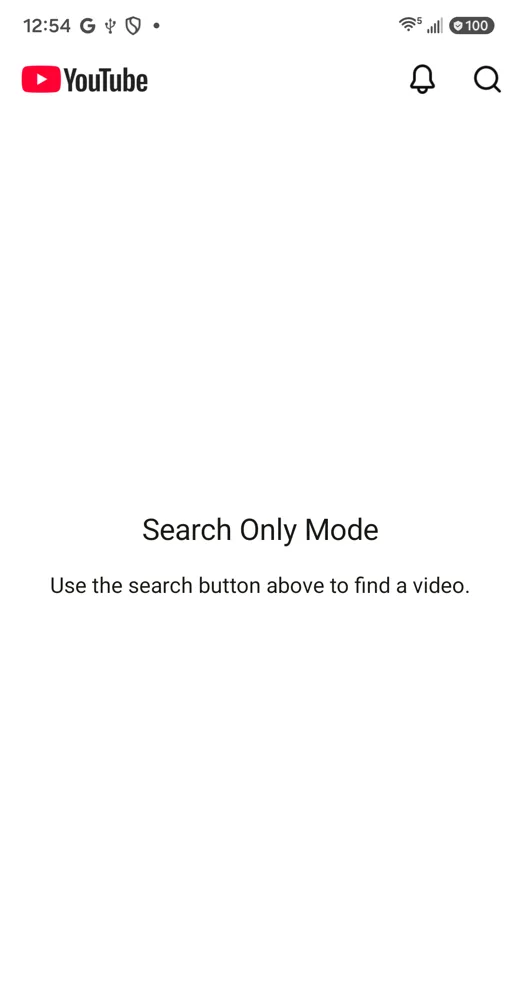 YouTube inside SocialLite in Search Only Mode with no Shorts feed