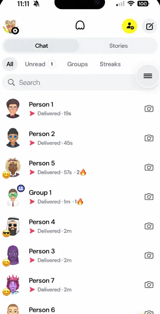 Snapchat inside SocialLite showing chats only