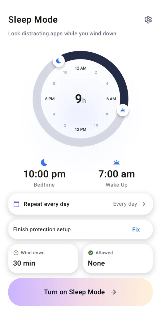 SocialLite sleep mode schedule screen