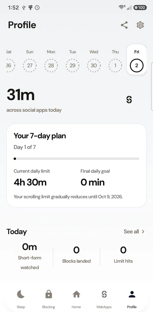 SocialLite profile showing minutes spent and the weekly plan