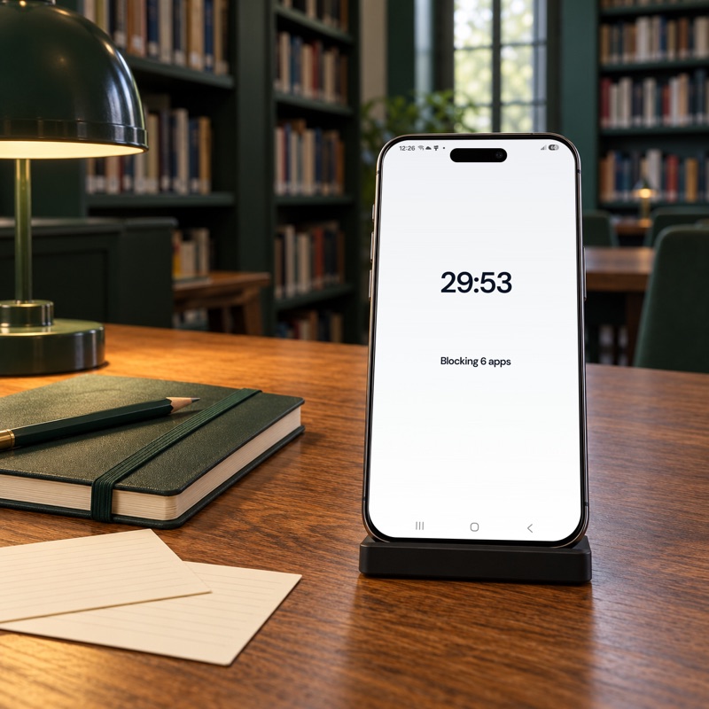 Phone on a study desk showing a SocialLite focus timer blocking 6 apps