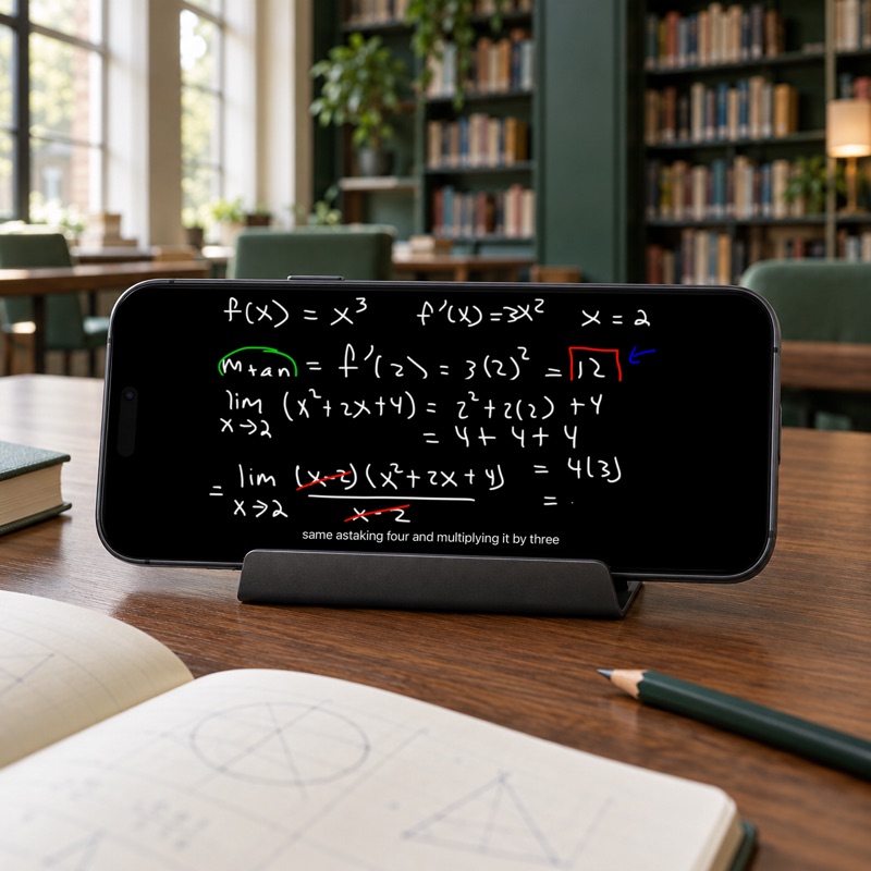 Phone on a desk playing a maths lesson video in a library