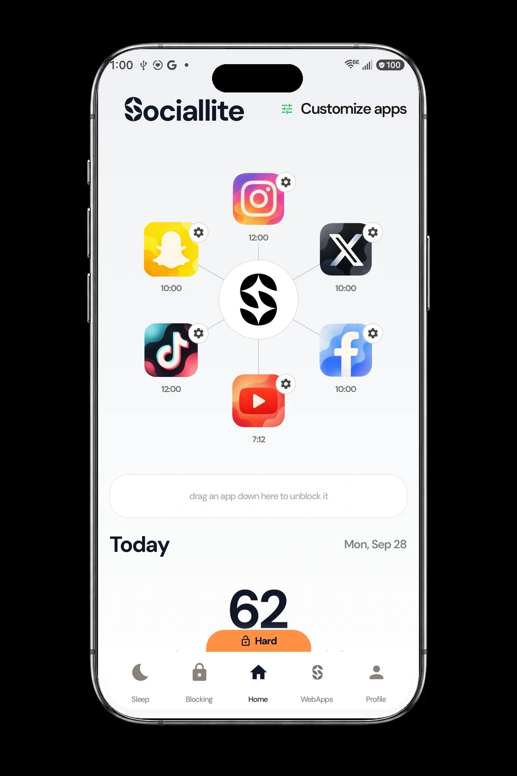 The SocialLite home screen on Android, with each social app arranged around SocialLite and today's time beneath it