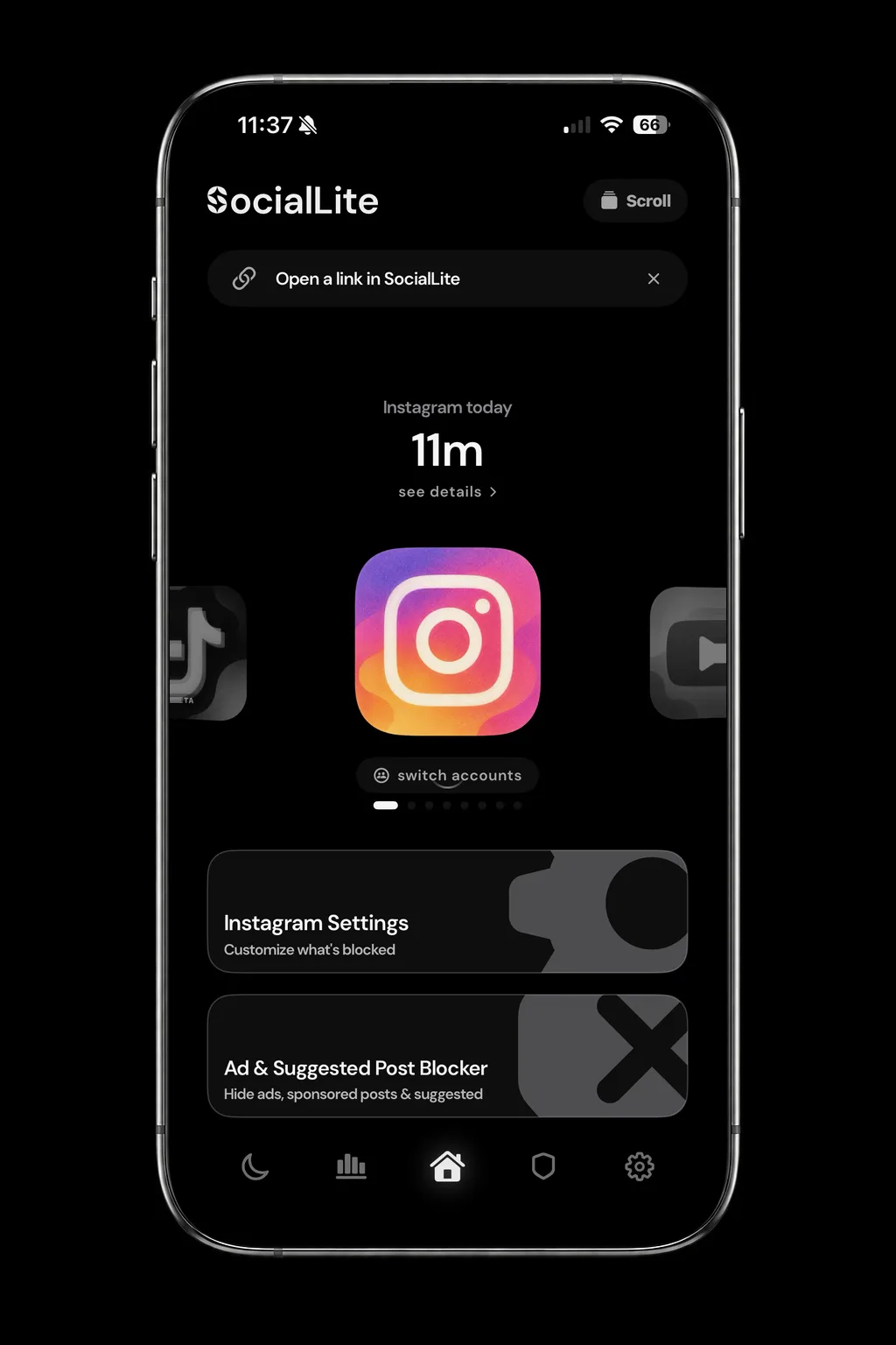 The SocialLite home screen, showing time spent on Instagram today and controls for what is blocked