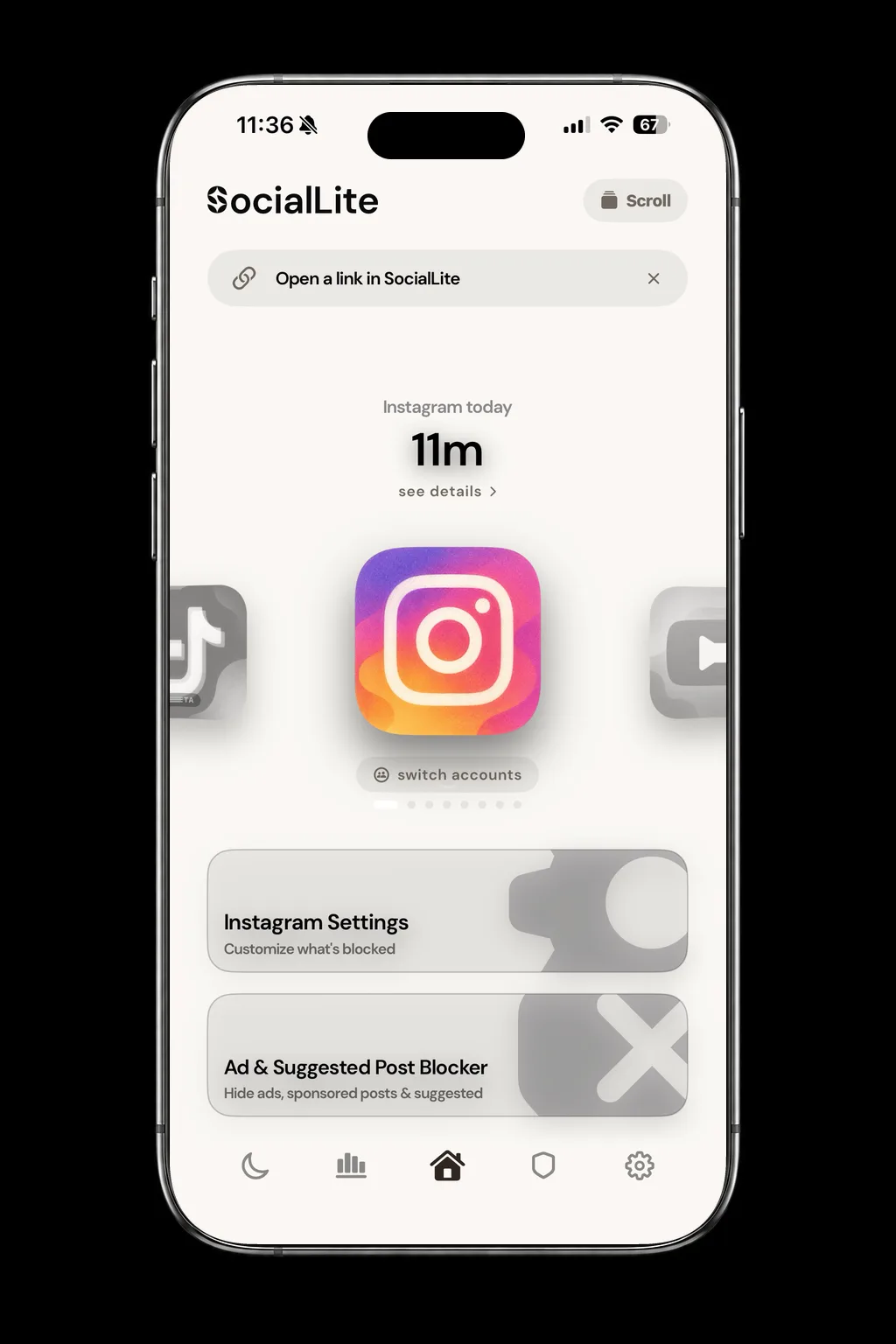 The SocialLite home screen, showing time spent on Instagram today and controls for what is blocked