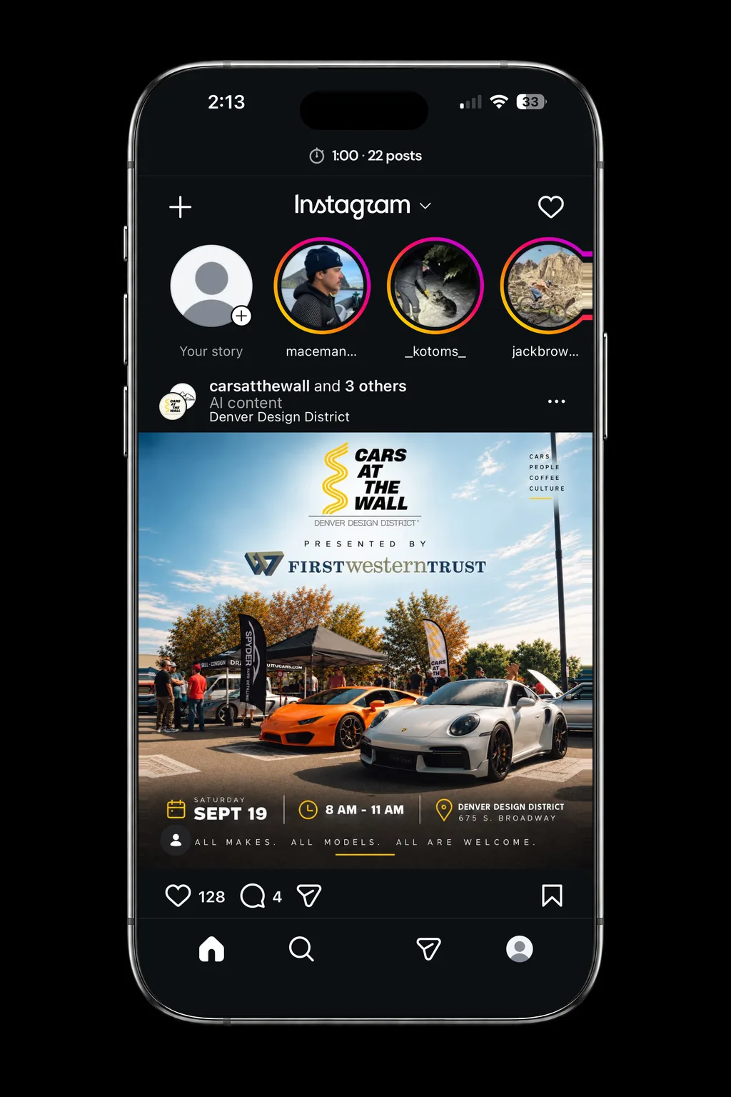 Instagram running inside SocialLite. The bottom bar has Home, Search, messages and profile, with no Reels tab.