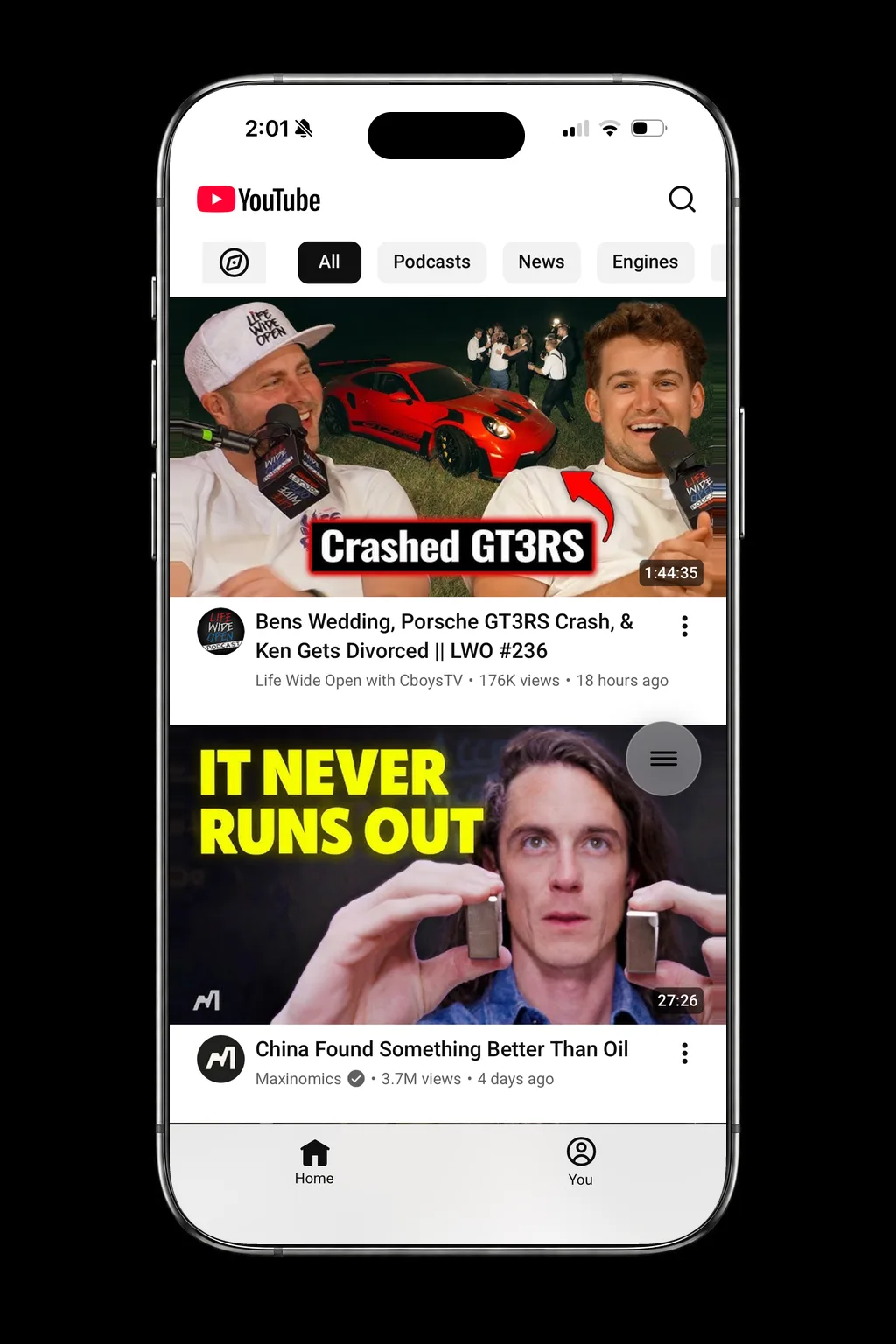 YouTube running inside SocialLite. The bottom bar has Home and You only, with no Shorts tab.
